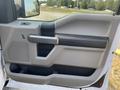 The interior door panel of a 2016 Ford F-150 in light gray with a black armrest and handle