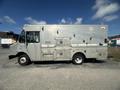 A 2009 Workhorse W62 delivery truck with a gray metallic exterior featuring multiple compartments and a light on the roof