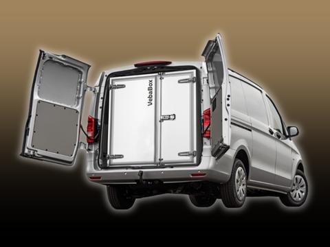 A VebaBox Model A208 Cooler Freezer Box displayed with its doors open showcasing the interior storage space and sleek design