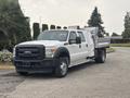 A 2014 Ford F-550 truck in white with a flatbed and toolboxes on the side parked on a road