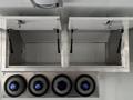 Interior storage compartments of a 2020 Freightliner MT45 with metal lids and gas struts above four circular containers arranged in a row