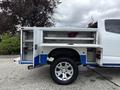 A 2017 Chevrolet Colorado with an open utility bed featuring storage compartments and a bright white exterior with blue accents