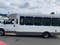 A white 2020 Chevrolet Express shuttle bus with large windows and a curved roof design parked with its side facing the viewer