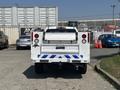 A white 2017 Chevrolet Colorado pickup truck with a flatbed and reflective blue stripes on the rear, parked and facing the viewer