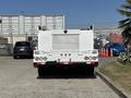 A white 2017 Ford F-550 truck is parked with its rear facing the viewer, featuring a flatbed and various lights on the back