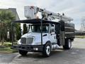 A white 2012 International DuraStar 4300 bucket truck with a black utility body and an elevated bucket lift on top