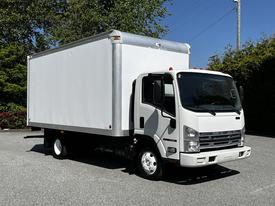 A white 2007 GMC W3500 box truck with a large cargo area and a flat front design parked at an angle