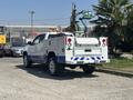 A 2017 Chevrolet Colorado with a white and blue design featuring a truck bed tool compartment and chrome wheels parked on a paved surface