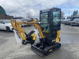 A 2024 AGT Industrial H13R Mini Excavator with tracks a black cab and a yellow arm with a bucket attachment