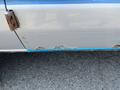 A 2005 Ford Econoline showing signs of rust and damage on the lower side of the door with a blue stripe along the edge