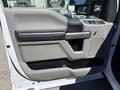 The interior driver's door panel of a 2019 Ford F-350 SD features a gray and black color scheme with a handle and control buttons for windows and locks