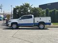A white 2017 Chevrolet Colorado with a blue trim and a service bed parked beside palm trees
