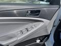 A close-up view of the driver's side door panel of a 2014 Hyundai Sonata featuring power window controls and a door handle