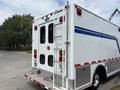 A 1994 GMC Vandura 3500 with a white exterior and blue stripes features back doors, a metal ladder, and red lights positioned above the doors