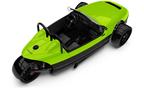 A bright green 2024 Vanderhall Carmel with a streamlined design featuring a black front splitter and sporty wheels showcasing a minimalist interior layout
