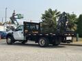 A 2009 Ford F-450 Super Duty flatbed truck with a mounted crane on the back and a black bed featuring a lattice design
