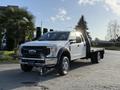 A 2020 Ford F-550 truck with a flatbed design in a light color positioned on a street with plants in the background