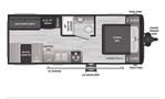 A floor plan of a 2022 Keystone Hide Out RDWE 20RDWE featuring a queen bed sofa booth dinette kitchen area and closet space