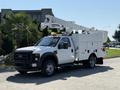 A white 2008 Ford F-550 bucket truck with a raised aerial lift and tool compartments on the side