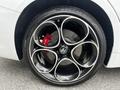 Close-up of a 2023 Alfa Romeo Giulia wheel featuring a multi-spoke black alloy rim with silver accents and a red brake caliper visible behind the spokes