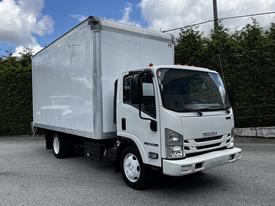 A white 2018 Isuzu NPR box truck with a large enclosed cargo area and a front cab designed for commercial use