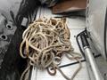 A tangled pile of thick beige rope sits on a metal surface with a few metallic objects nearby