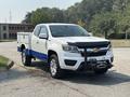 A 2017 Chevrolet Colorado pickup truck with a white and blue exterior is parked with a utility bed attached at the back and a winch mounted on the front