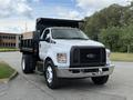 A 2017 Ford F-750 dump truck with a white exterior and black grille parked with a wooden bed in the back