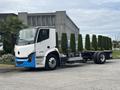A 2020 Lion Lion6 electric truck with a white cab and blue accents parked beside a row of neatly trimmed hedges