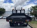 A black 2017 Ford F-550 truck with a flatbed and a metal frame at the rear featuring three mesh panels and several lights mounted on the top
