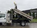 A 2015 Ford F-450 flatbed truck with a raised dump bed is shown from the side angle