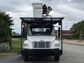 A 2021 Freightliner M2 106 bucket truck with a white body and an elevated work platform mounted on the top