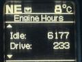A digital display showing engine hours for a 2018 RAM 5500 with readings of 6177 idle hours and 233 drive hours with a temperature reading of 8 degrees Celsius