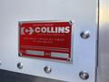 A metal plate with a red background displaying the text "Collins Manufacturing Company Ltd" along with a serial number and date information