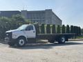 A 2018 Ford F-750 flatbed truck with a white exterior parked beside a row of tall hedges
