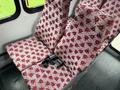 A 2015 Ford Econoline interior with patterned red and white seating showing two seats with seat belts and a black armrest in between