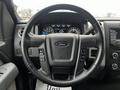 Steering wheel of a 2014 Ford F-150 with controls and dashboard dials visible in the background