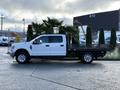 A white 2020 Ford F-350 pickup truck with a flatbed is parked with a row of palm trees and shrubs visible in the background