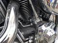 Close-up of the engine of a 2008 Harley-Davidson FLSTFI showing chrome components and polished pipes