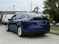 A blue 2020 Tesla Model X parked with its rear view displayed showcasing its sleek design and distinctive taillights