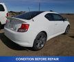 A white 2013 Scion TC with a sporty design featuring a rear spoiler and alloy wheels parked in a gravel area