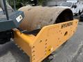 A 2020 Hyundai HR110C road roller with a large cylindrical drum and an orange base featuring the Hyundai logo and machinery details