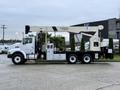 A 2004 Sterling LT9500 truck with a National Crane boom lift mounted on its flatbed features tall green trees arranged vertically along the side of the truck