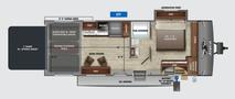 A 2021 Jayco Jay Flight travel trailer layout featuring a queen bed with convertible sofas a bathroom a kitchen area and a cargo space with an outdoor kitchen option