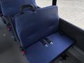 A blue upholstered seat from a 2020 Chevrolet Express with safety straps and a handle on the back