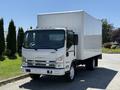 A 2012 Isuzu NPR HD box truck with a white cargo area and a front cab featuring a gray dashboard and clear windows