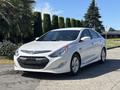 A white 2015 Hyundai Sonata parked with a sleek design displaying its distinctive front grille and headlights
