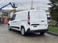A 2019 Ford Transit Connect van in white with a black stripe parked in a lot with a plain rear view