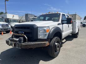 A white 2015 Ford F-550 truck with a black front grille and a utility body in the bed, featuring sturdy tires and a visible front bumper.