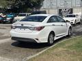 A white 2014 Hyundai Sonata hybrid parked with a clear view of its rear and side profile showing the sleek design and hybrid badge